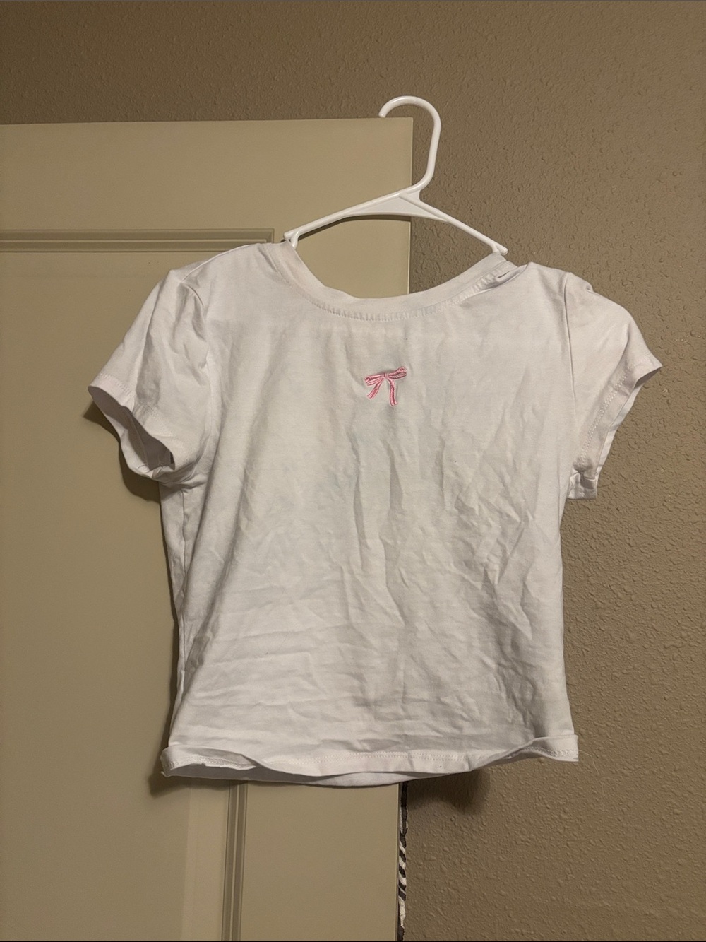 Girls White Short-Sleeve Tee with Pink Bow Detail